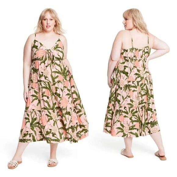 Agua Bendita x Target Womens XL Peony Print Tie-Front Midi Dress Blush/Olive XXL - Picture 1 of 12